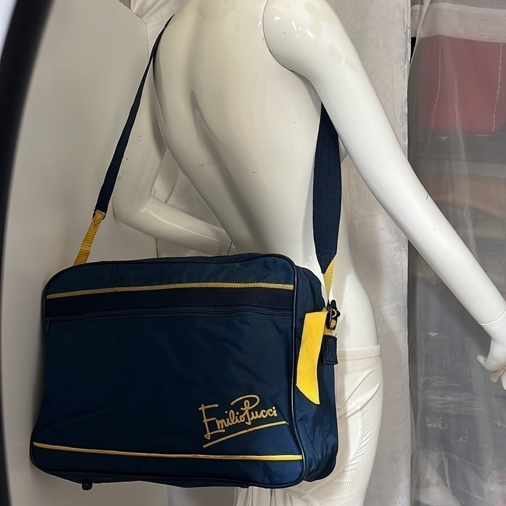 Emilio Pucci 1970’s Nylon Blue Yellow Crossbody Large Zip Tote Bag - Picture 3 of 12